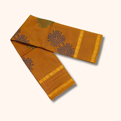 Mustard Yellow Cotton Saree with Traditional Kolam Motifs and Gold Border – Running Blouse