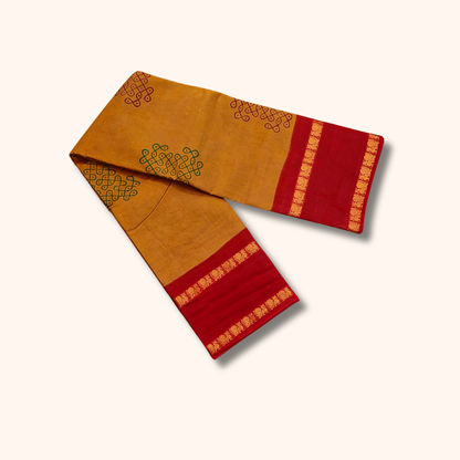 Mustard Yellow Kolam Design Cotton Saree with Red Border – Running Blouse