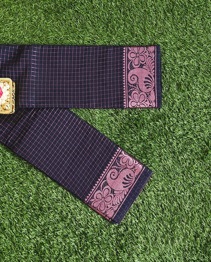 Navy Blue Cotton Saree with Checks Pattern & Copper Zari Border