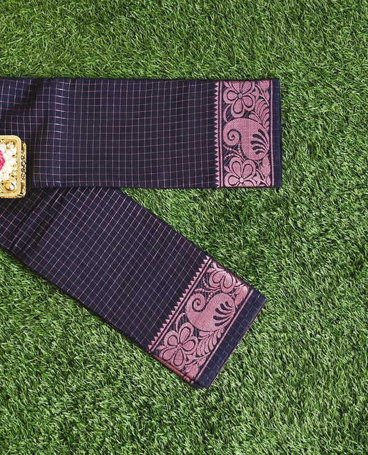 Navy Blue Cotton Saree with Checks Pattern & Copper Zari Border