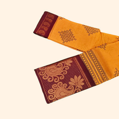 Mustard Yellow Kolam Cotton Saree with Maroon Border