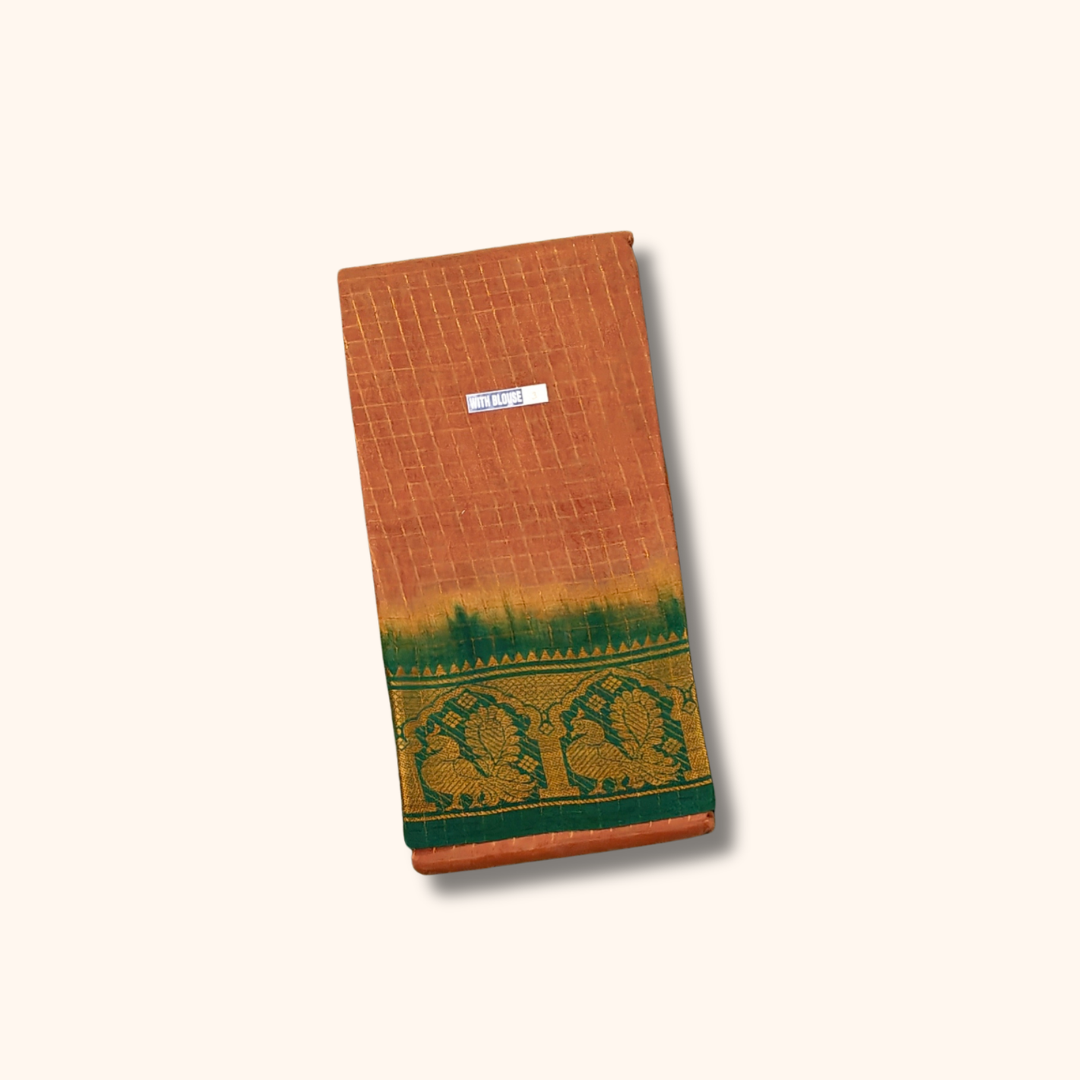 Coffee Brown Thread Work Sungudi Cotton Saree with Green Peacock Zari Border