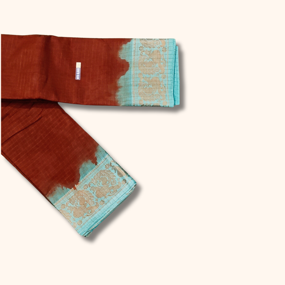 Rust Brown Thread Work Sungudi Cotton Saree with Aqua Blue Border
