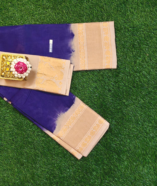 Authentic Deep Violet Sungudi Cotton Saree with Beige Zari Border & Contrast Blouse