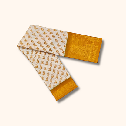 Off-White Cotton Saree with Mustard Floral Print & Gold Zari Border – No Blouse