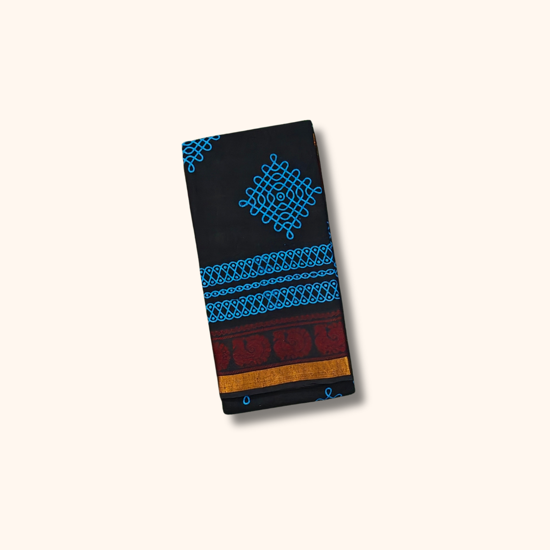 Black Kolam Print Cotton Saree with Maroon & Gold Border