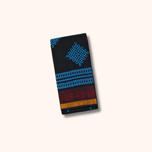 Black Kolam Print Cotton Saree with Maroon & Gold Border