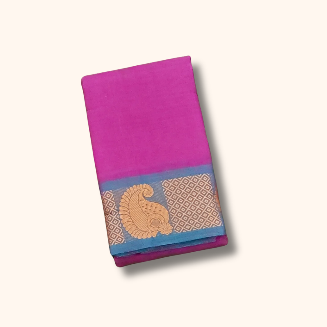 Magenta Chettinad Cotton Saree with Traditional Peacock Border