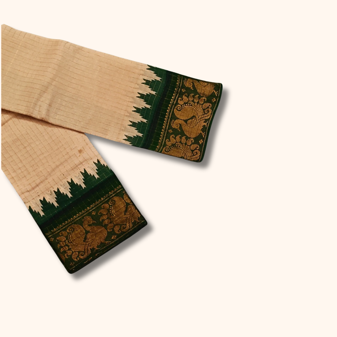 Beige with Gold Checked Sungudi Cotton Saree & Dark Green Peacock Zari Border
