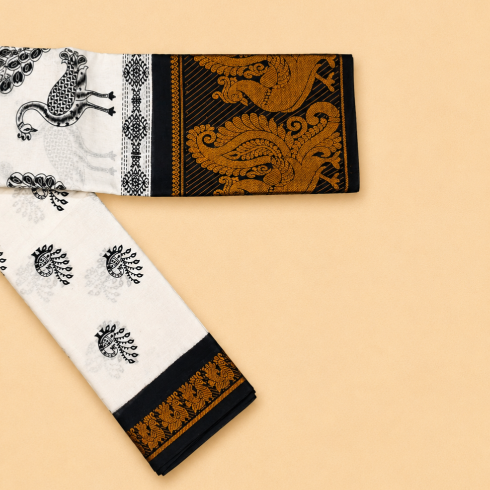 White & Black Peacock Print Cotton Saree with Traditional Black Border
