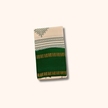 Cream Sungudi Cotton Saree with Green Border & Gold Zari