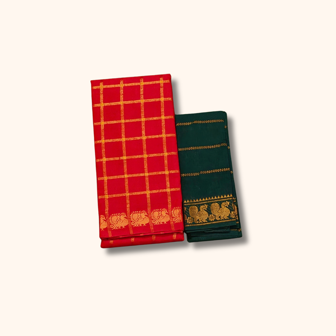 Red Checked Cotton Saree with Gold Zari Border