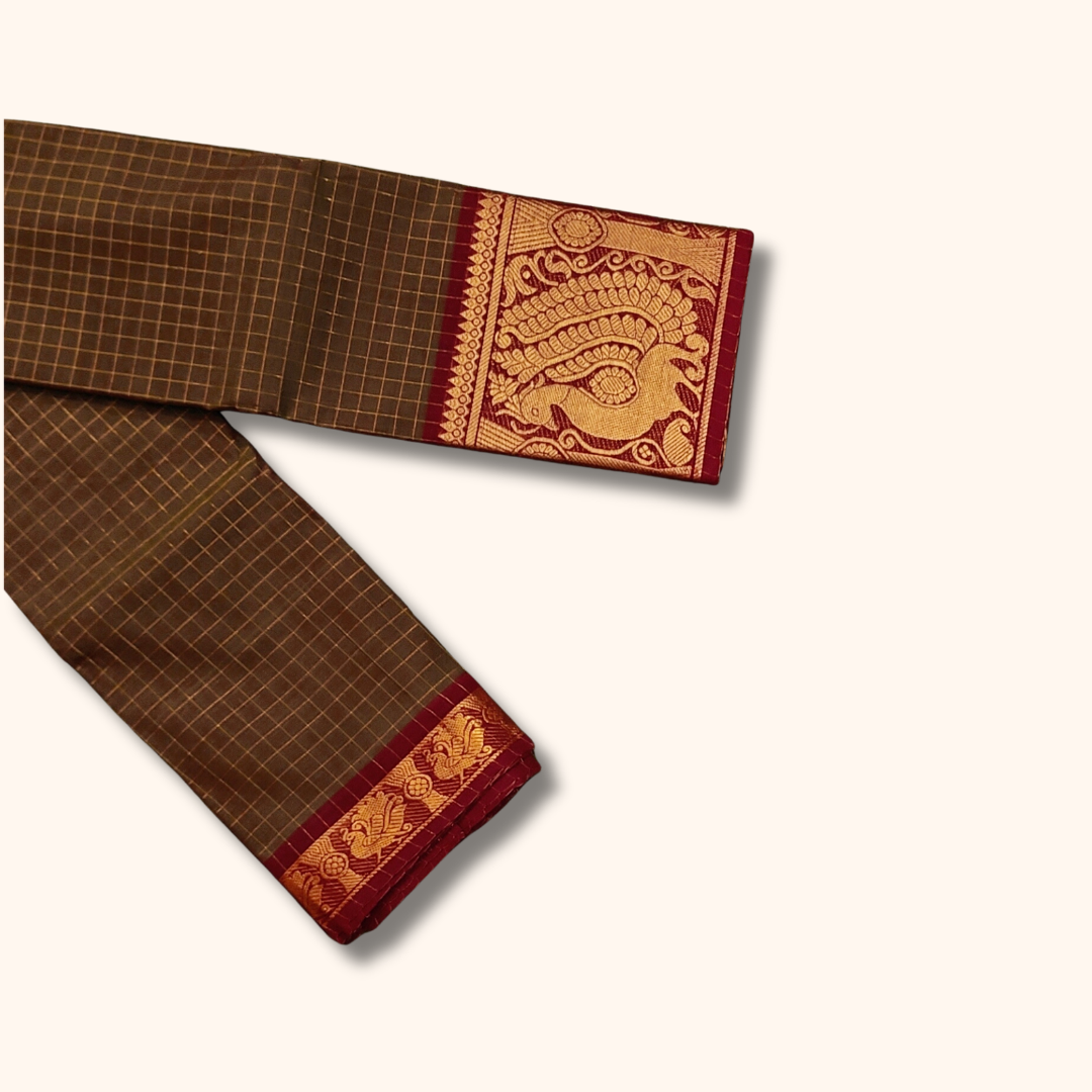 Brown Chettinad Cotton Saree with Peacock Border