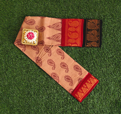 Brick Brown Sungudi Cotton Saree with Red Double Border & Traditional Motifs