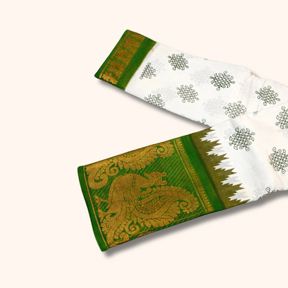 White & Green Kolam Temple Border Sungudi Cotton Saree