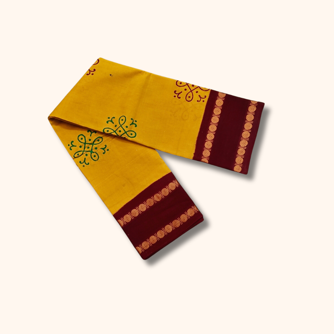 Mustard Yellow Cotton Saree with Maroon Border – Running Blouse