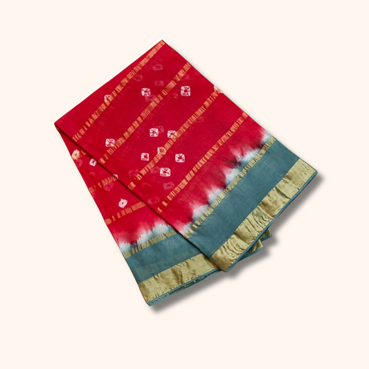 Red & Teal Blue Cotton Saree with Gold Zari Border & Traditional Motifs
