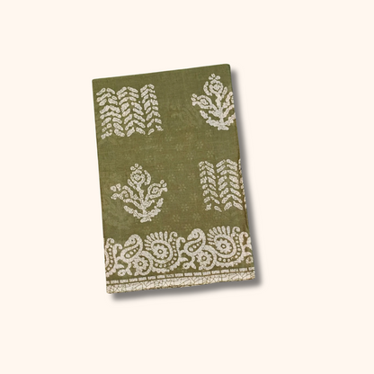 Olive Green Pure Cotton Saree with Floral Print & Paisley Border – Separate Blouse