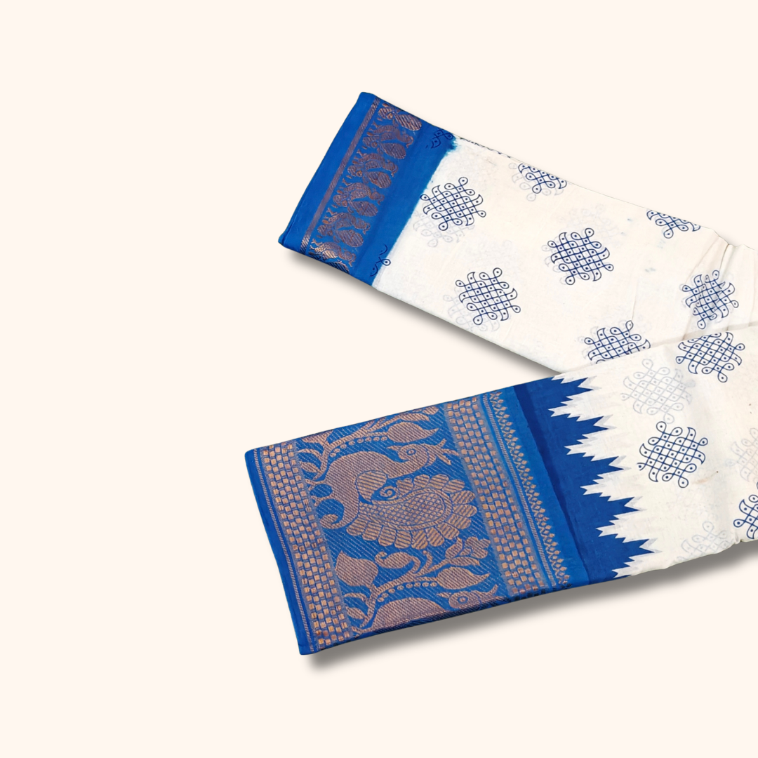 Cream Sungudi Cotton Saree with Royal Blue Ikkat Border