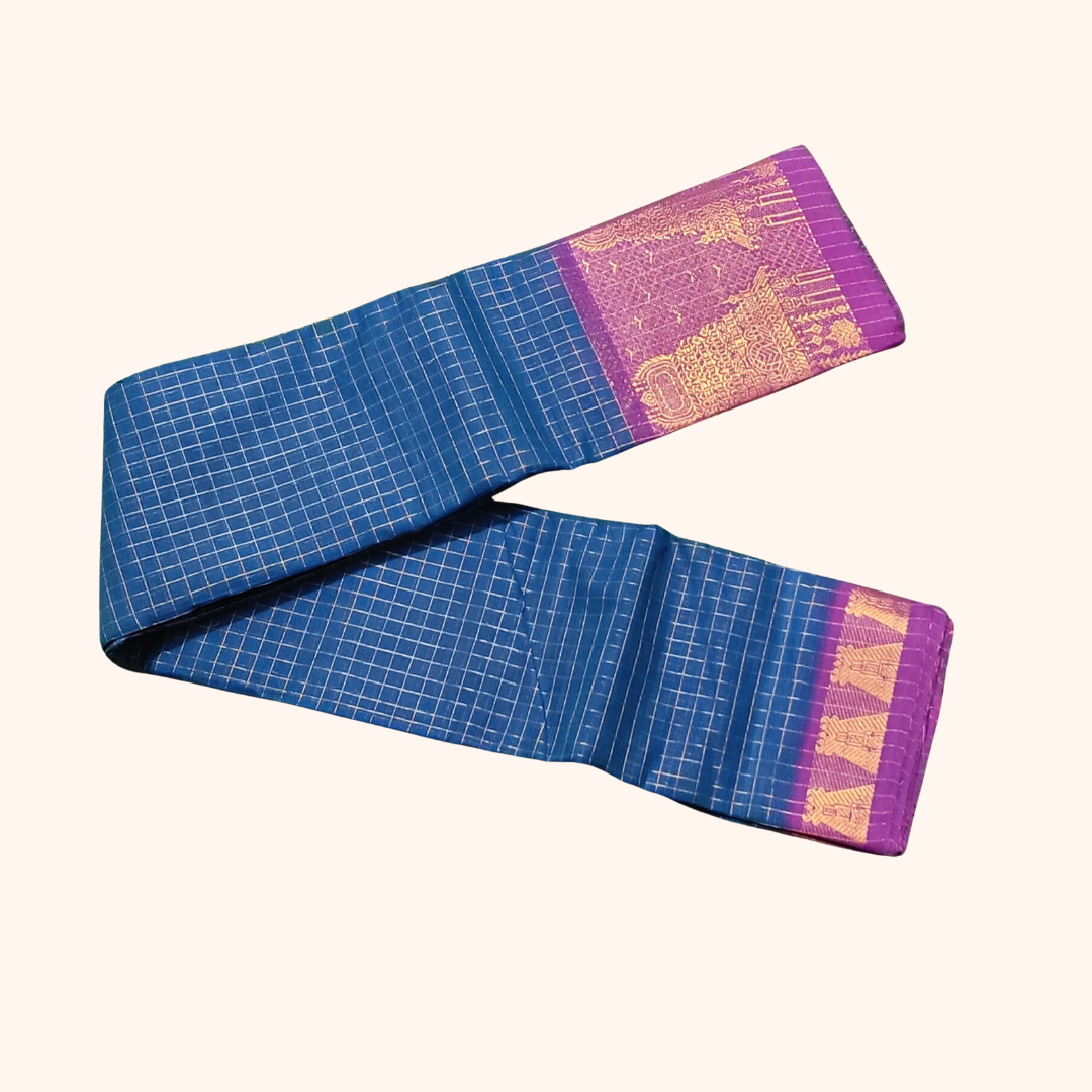 Royal Blue Chettinad Cotton Saree with Magenta Temple Border