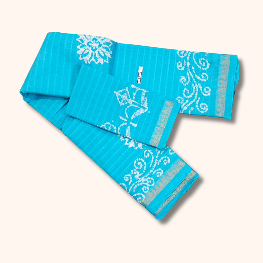 Sky Blue Sungudi Cotton Saree with White Batik Floral Design & Matching Blouse Piece