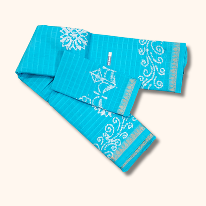 Sky Blue Sungudi Cotton Saree with White Batik Floral Design & Matching Blouse Piece