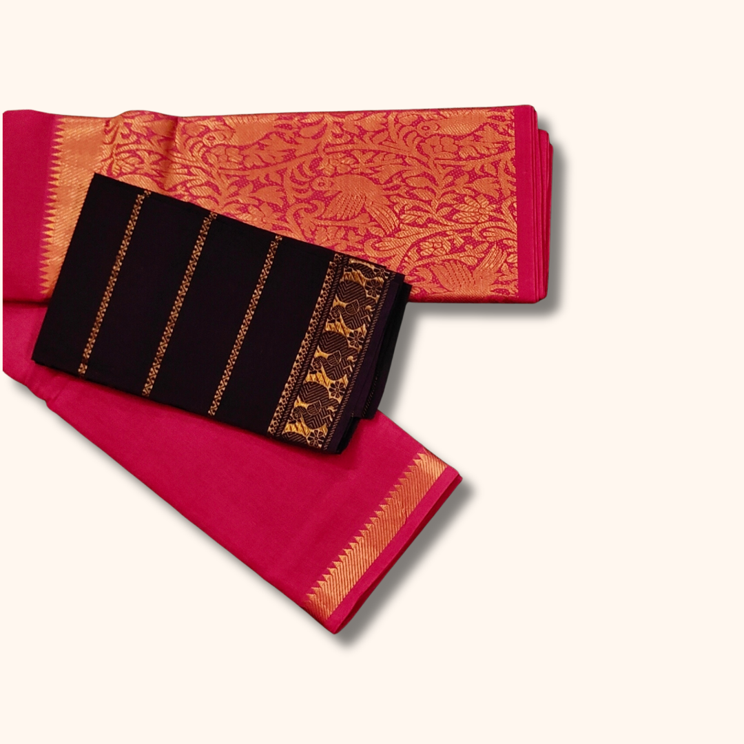 Red Vasigara Pattern Sungudi Cotton Saree with Coffee Brown Blouse Piece