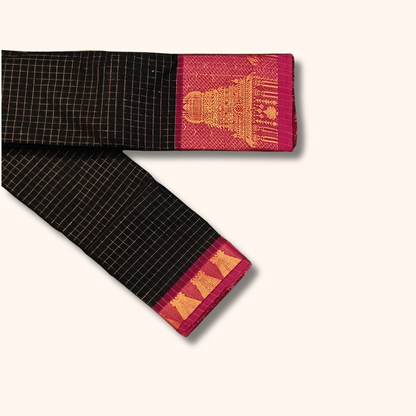 Black Chettinad Cotton Saree with Temple Border