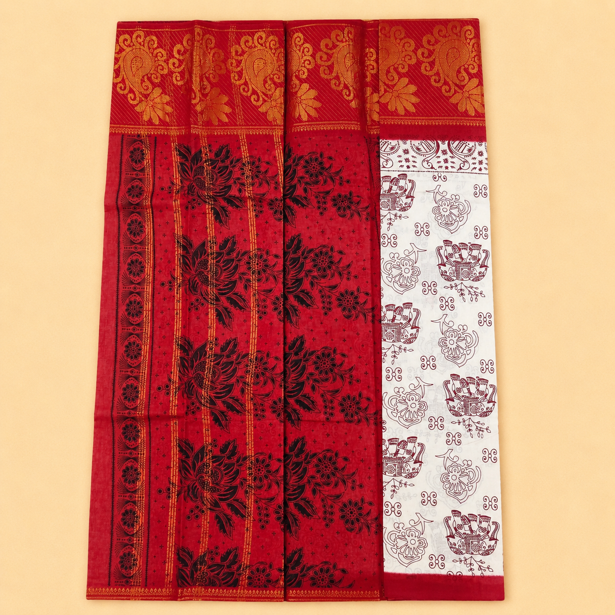 White and Red Printed Cotton Saree with Traditional Motif Border