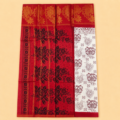 White and Red Printed Cotton Saree with Traditional Motif Border