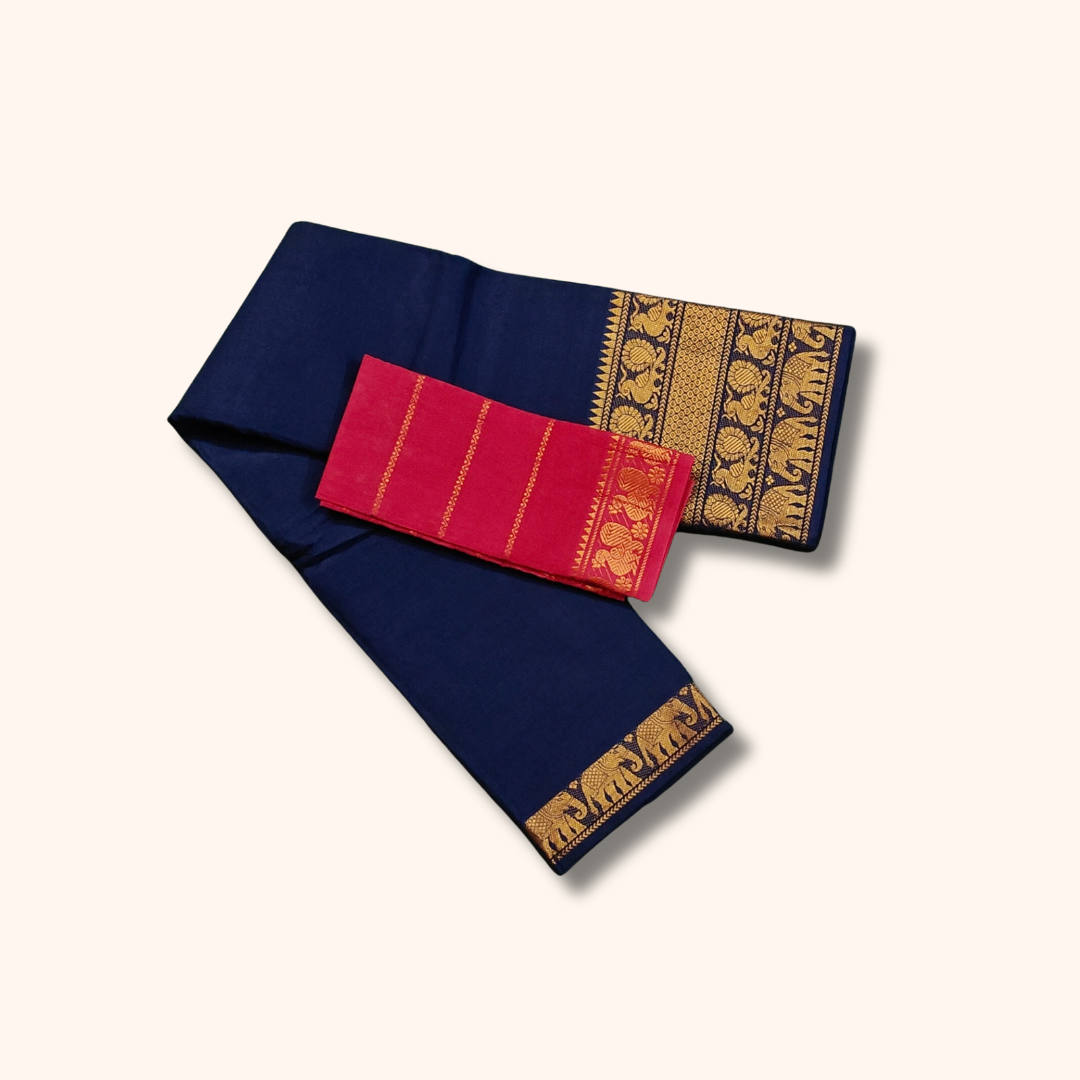 Navy Blue Pure Cotton Saree with Rani Pink Contrast Blouse