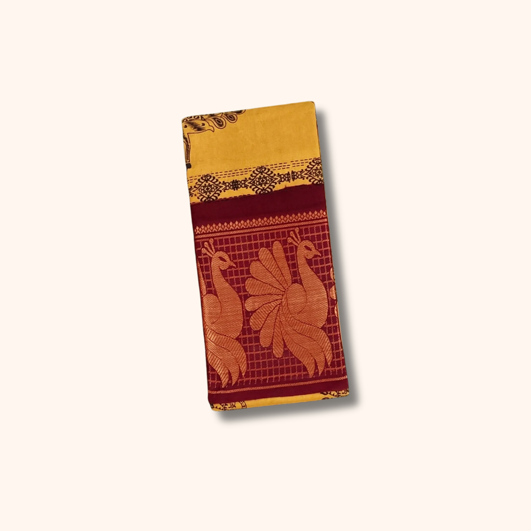 Mustard Yellow Peacock Border Sungudi Cotton Saree