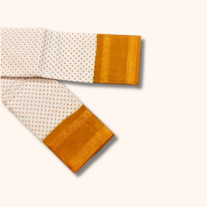 Off-White & Mustard Yellow Sungudi Cotton Saree with Tiny Dot Pattern & Zari Border