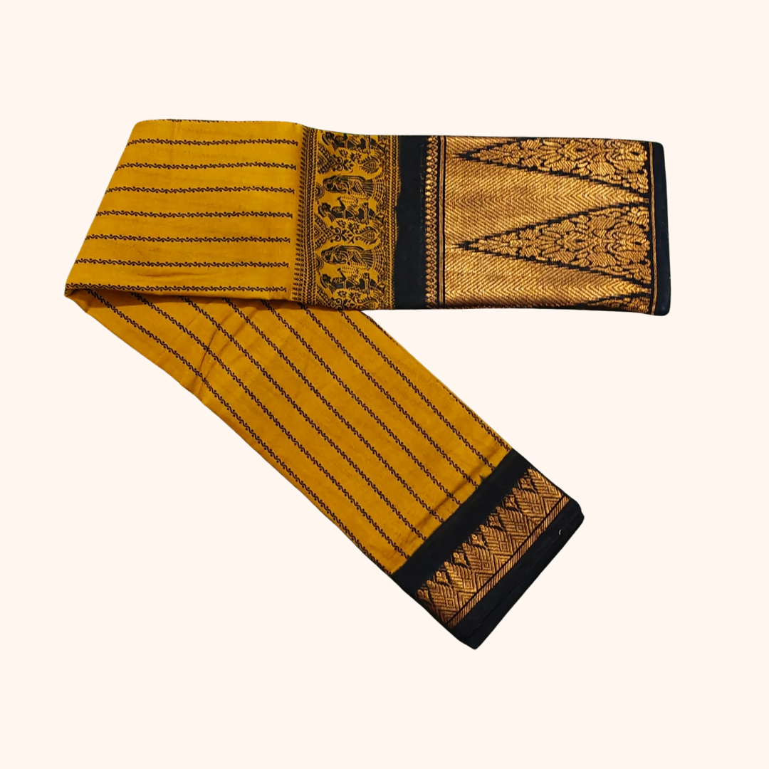 Mustard Yellow Sungudi Saree with Traditional Black Temple Border
