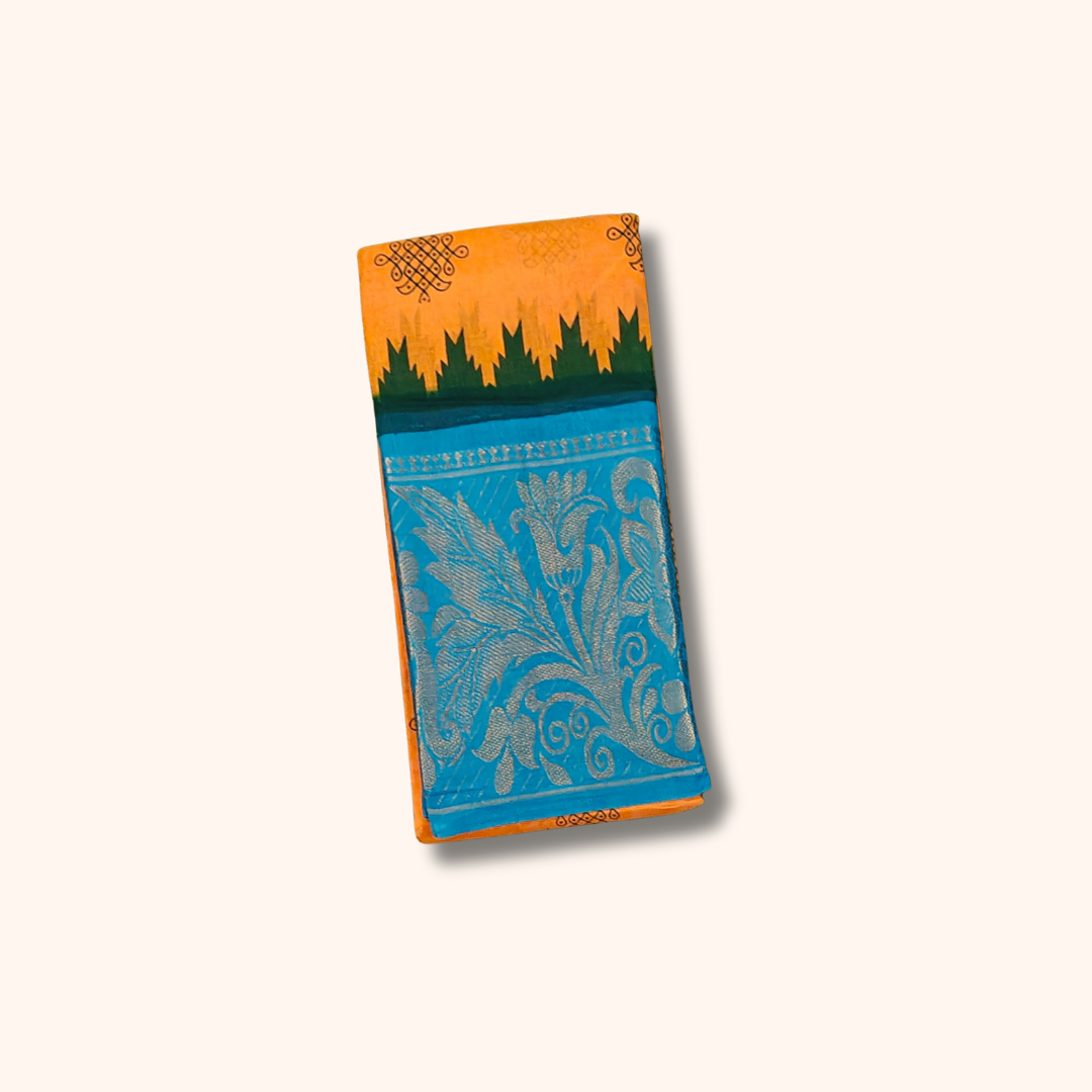 Mustard Yellow Soft Cotton Saree with Sky Blue Floral Jacquard Pallu