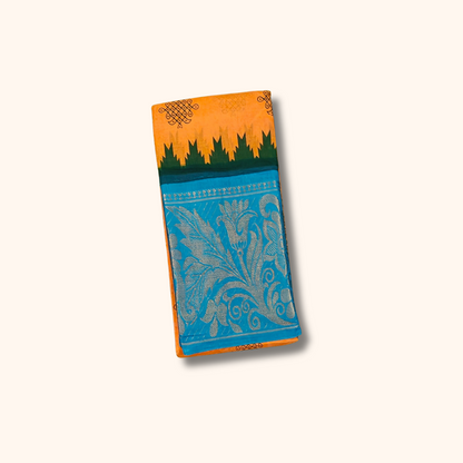 Mustard Yellow Soft Cotton Saree with Sky Blue Floral Jacquard Pallu