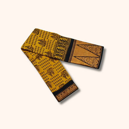 Mustard Yellow Pure Sungudi Cotton Saree with Traditional Motifs & Black Gold Border – No Blouse