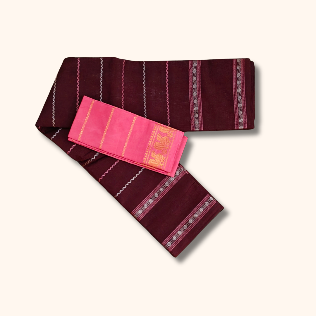 Maroon Sungudi Cotton Saree with Pink Peacock Border Blouse