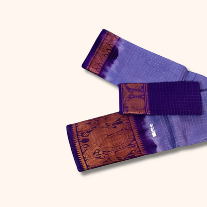 Sky Blue & Purple Checked Cotton Saree with Traditional Zari Border – Separate Blouse Piece