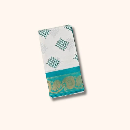 White Cotton Saree with Teal Peacock Zari Border