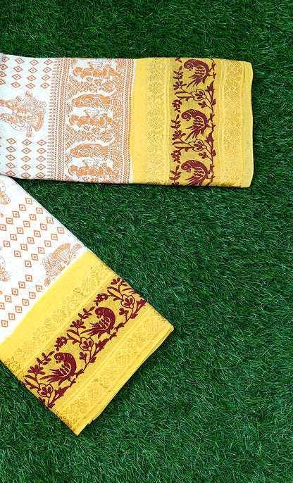Cream Sungudi Cotton Saree with Traditional Brown Motifs & Yellow Bird Border