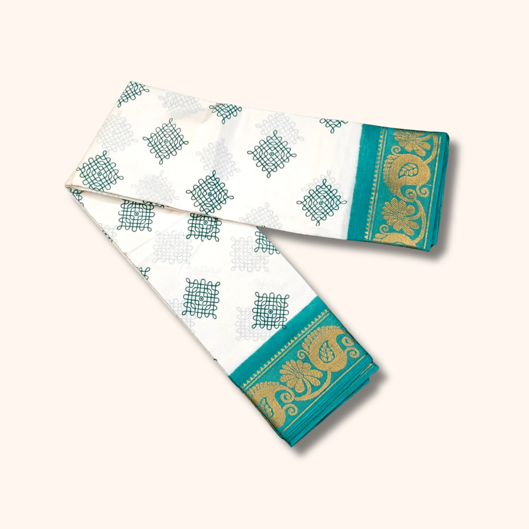 White Cotton Saree with Teal Peacock Zari Border