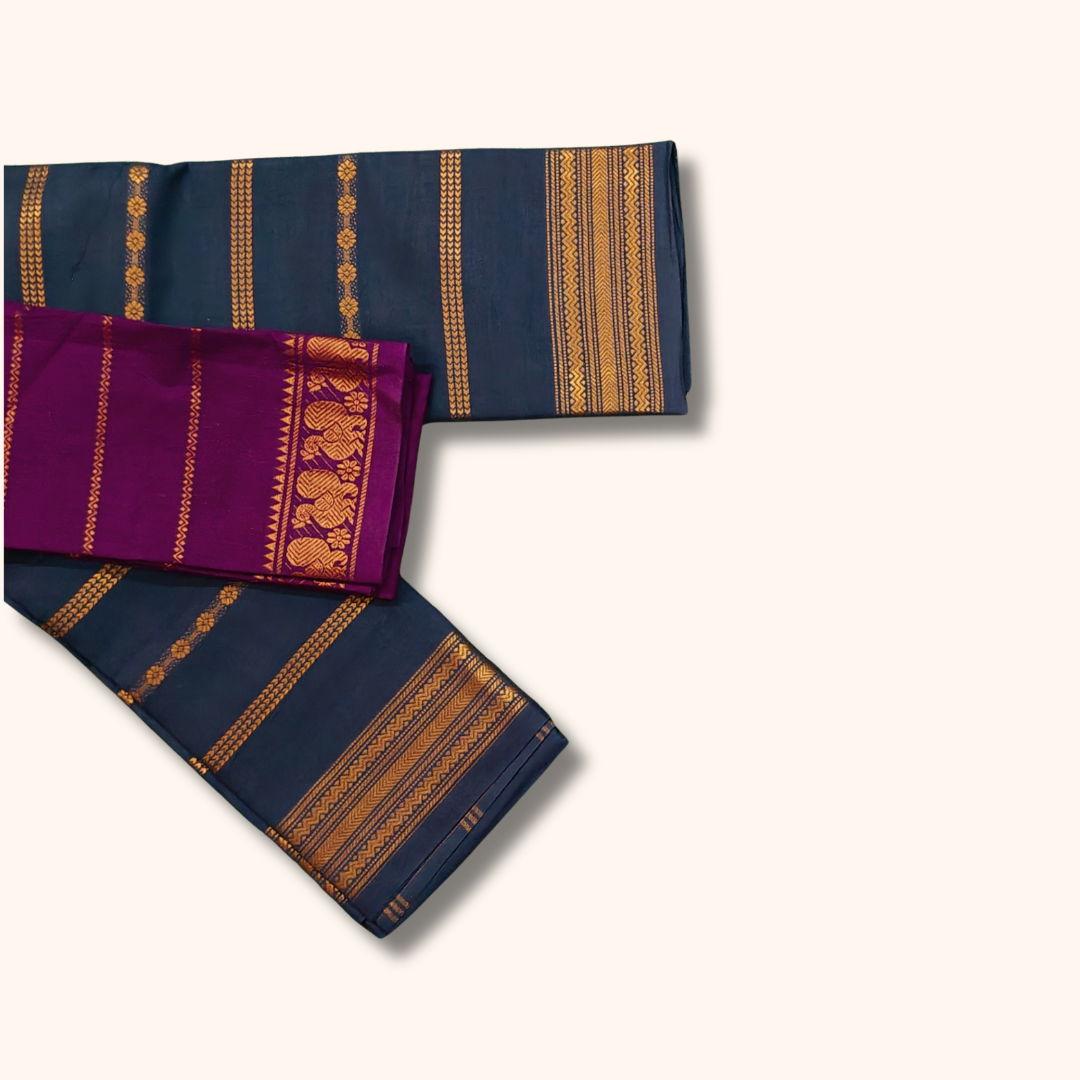 Navy Blue Cotton Sungudi Saree with Magenta Contrast Blouse – Traditional Cotton Saree