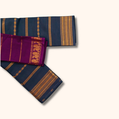 Navy Blue Cotton Sungudi Saree with Magenta Contrast Blouse – Traditional Cotton Saree