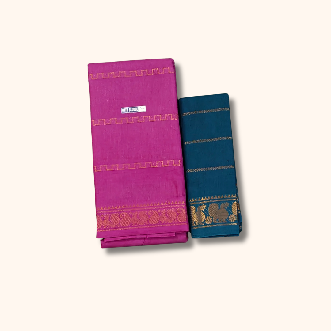 Rani Pink Cotton Saree with Navy Blue Contrast Blouse & Peacock Zari Border