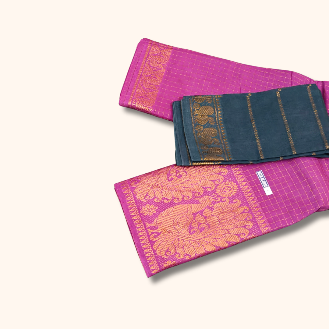 Rani Rose Thread Work Sungudi Cotton Saree with Teal Peacock Zari Border