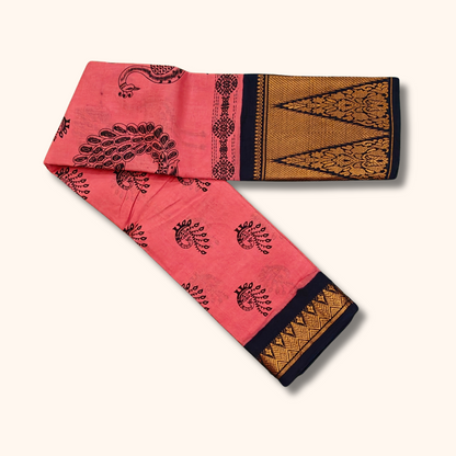Coral Pink Peacock Print Sungudi Cotton Saree with Temple Border
