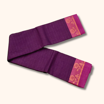Purple Chettinad Cotton Saree with Pink Floral Border
