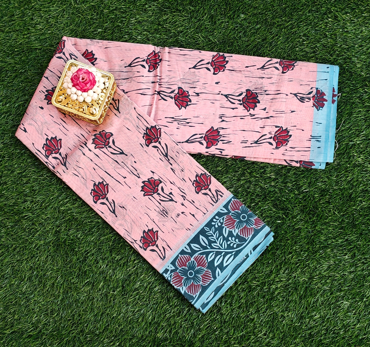 South Indian Pure Cotton Saree with Floral Block Print – Peach Pink Shade