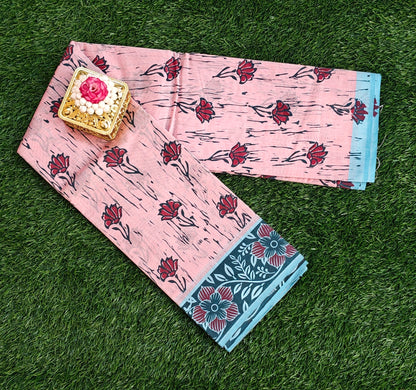 South Indian Pure Cotton Saree with Floral Block Print – Peach Pink Shade